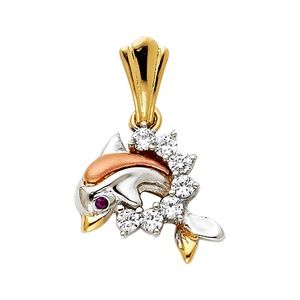 14K Tri Color CZ Dolphin Pendant